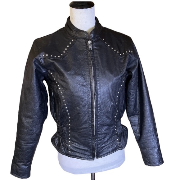 Vintage 80s Black Biker Rock-N-Roll Leather Studded Jacket  Zip-Front - Picture 3 of 10